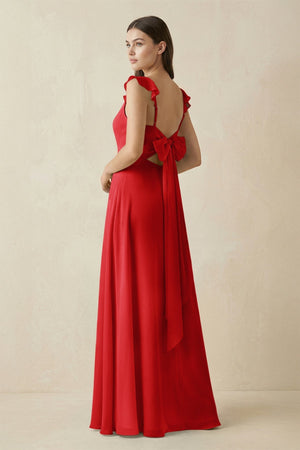 Ruffled Sleeve A - Line Chiffon Bridesmaid Dress in Ruby Red - KISS BRIDAL Bridesmaid Dresses