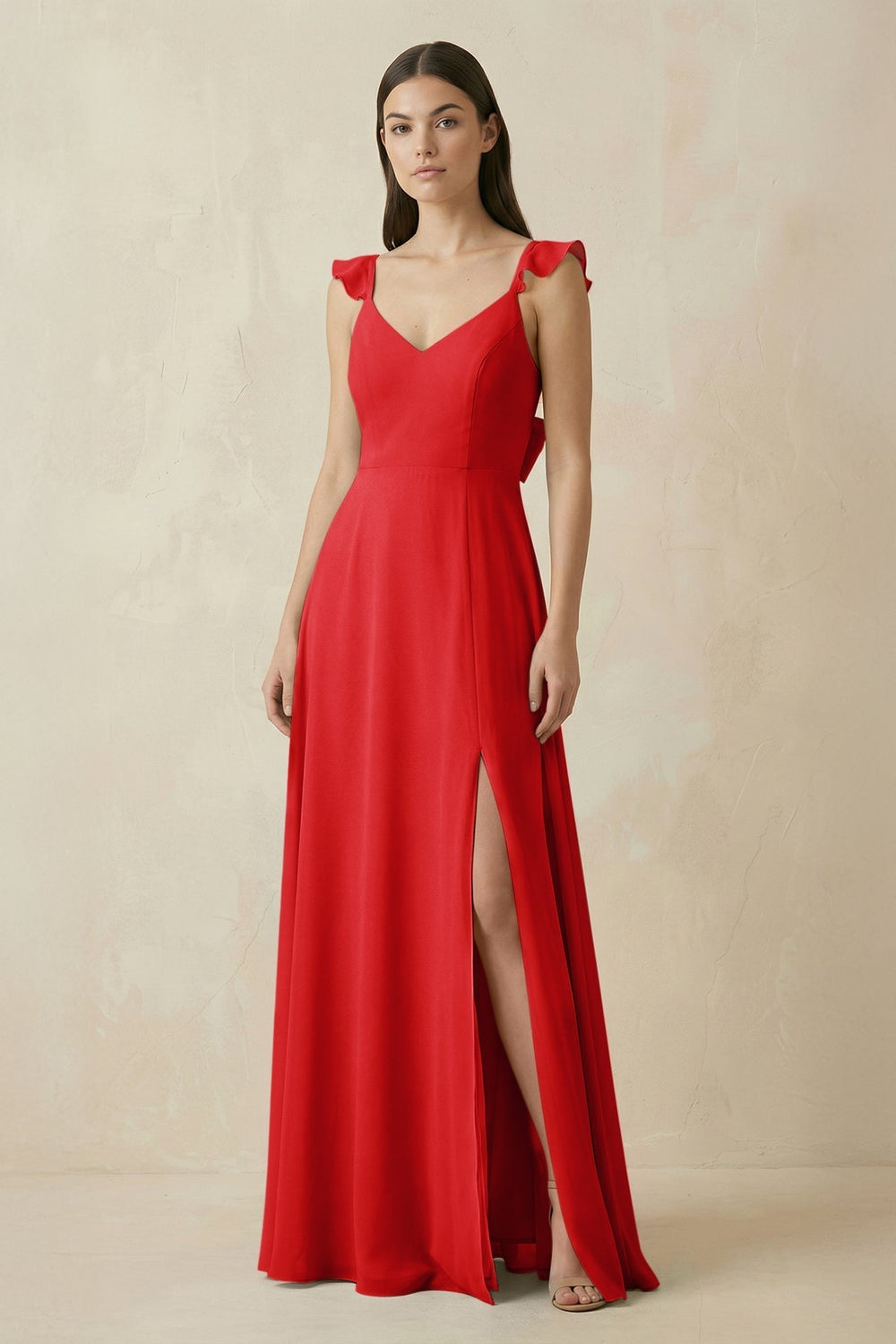 Ruffled Sleeve A-Line Chiffon Bridesmaid Dress in Ruby Red