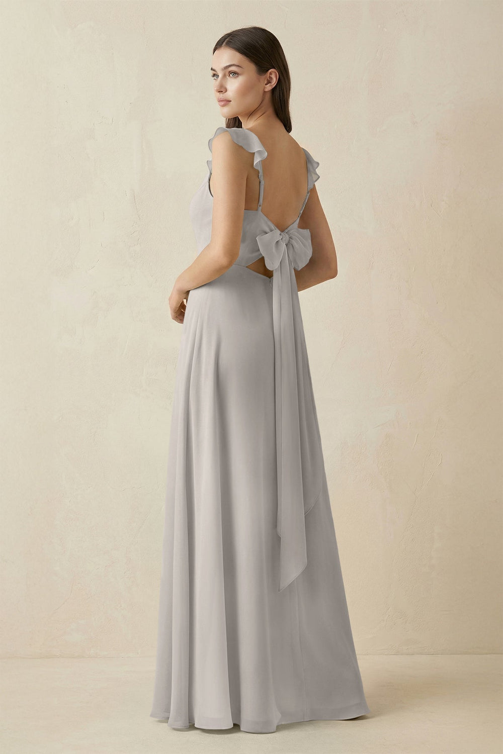 Ruffled Sleeve A-Line Chiffon Bridesmaid Dress in Silver