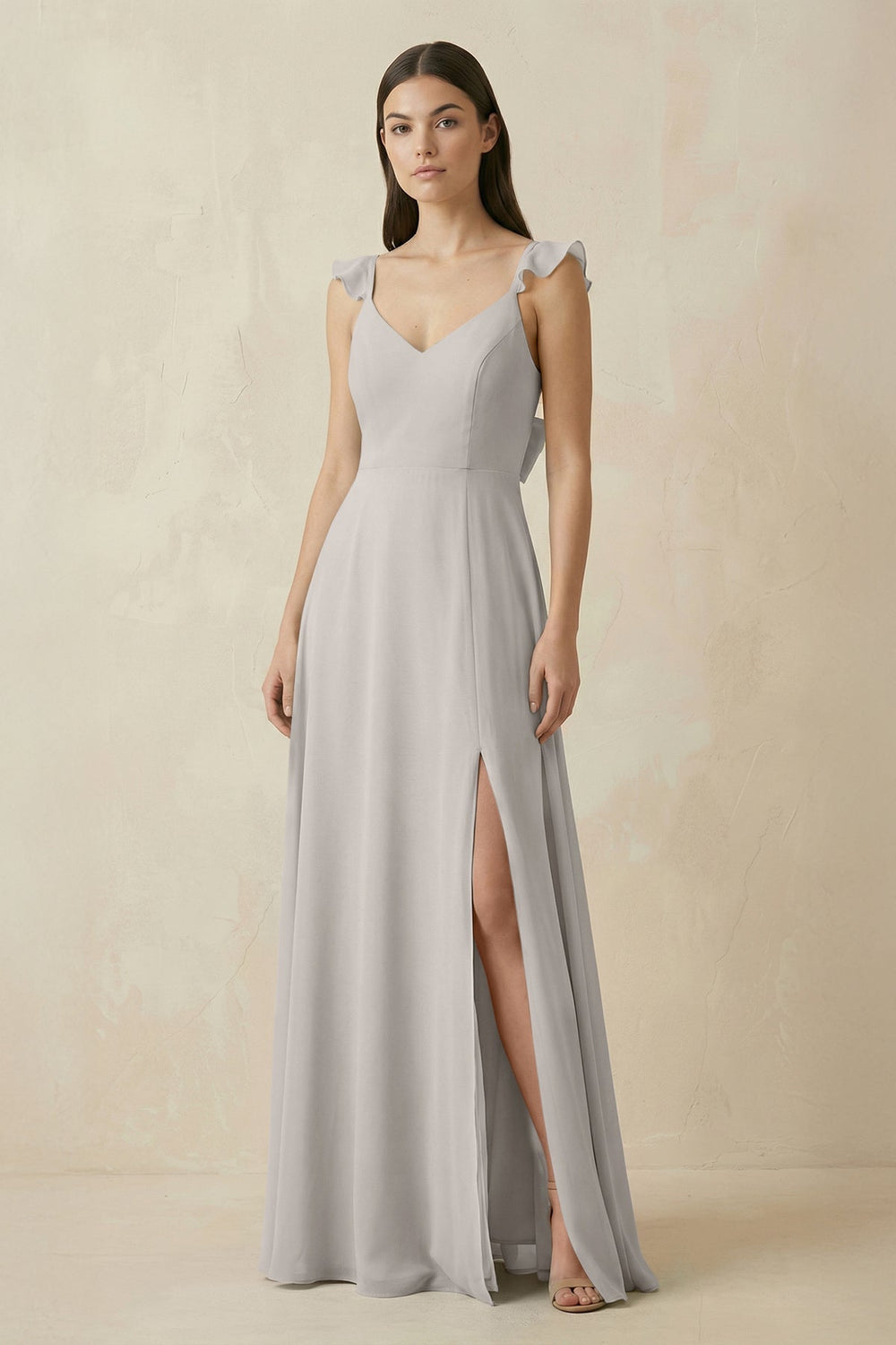 Ruffled Sleeve A-Line Chiffon Bridesmaid Dress in Silver