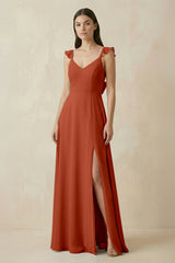 Ruffled Sleeve A - Line Chiffon Bridesmaid Dress in Spice - KISS BRIDAL Bridesmaid Dresses