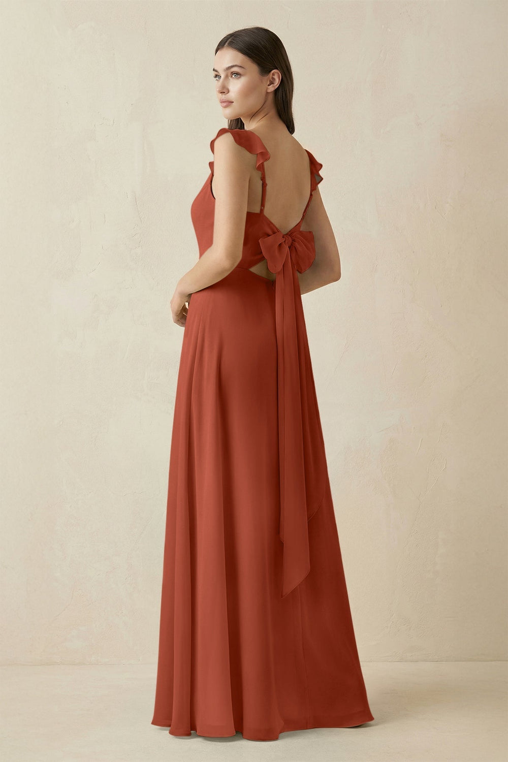 Ruffled Sleeve A-Line Chiffon Bridesmaid Dress in Spice