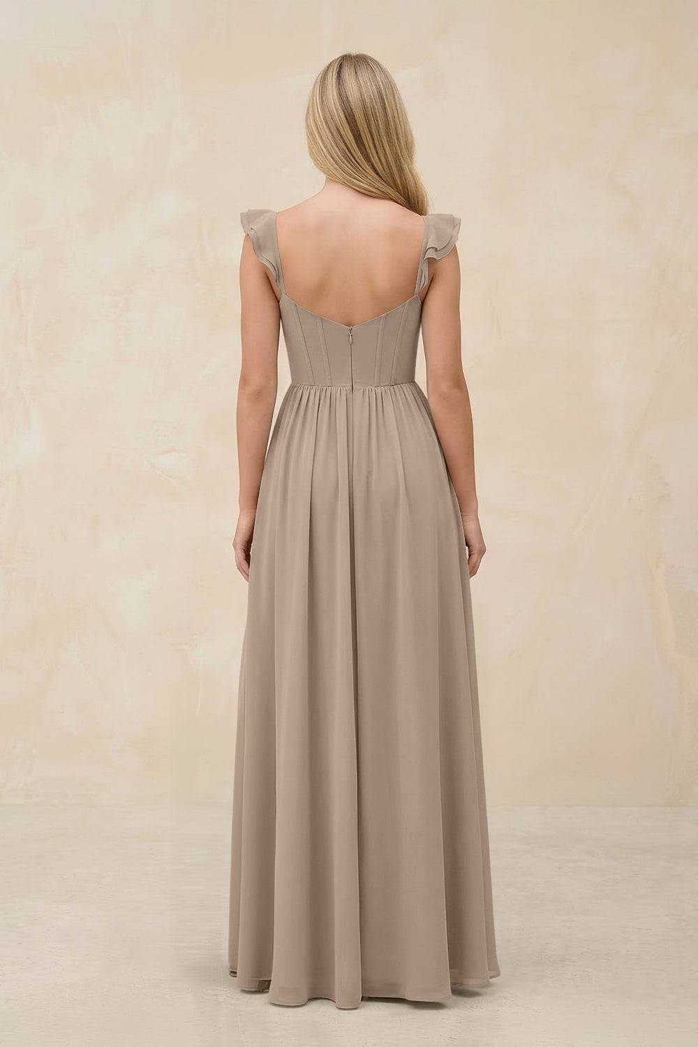 Ruffled Sleeve A-Line Corset Chiffon Bridesmaid Dress in Almond
