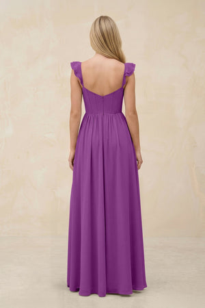 Ruffled Sleeve A - Line Corset Chiffon Bridesmaid Dress in Amethyst - KISS BRIDAL Bridesmaid Dresses