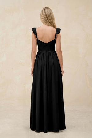 Ruffled Sleeve A - Line Corset Chiffon Bridesmaid Dress in Black - KISS BRIDAL Bridesmaid Dresses