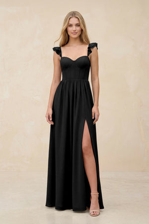 Ruffled Sleeve A - Line Corset Chiffon Bridesmaid Dress in Black - KISS BRIDAL Bridesmaid Dresses