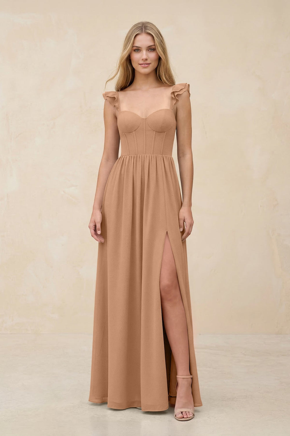 Ruffled Sleeve A-Line Corset Chiffon Bridesmaid Dress in Bronzer