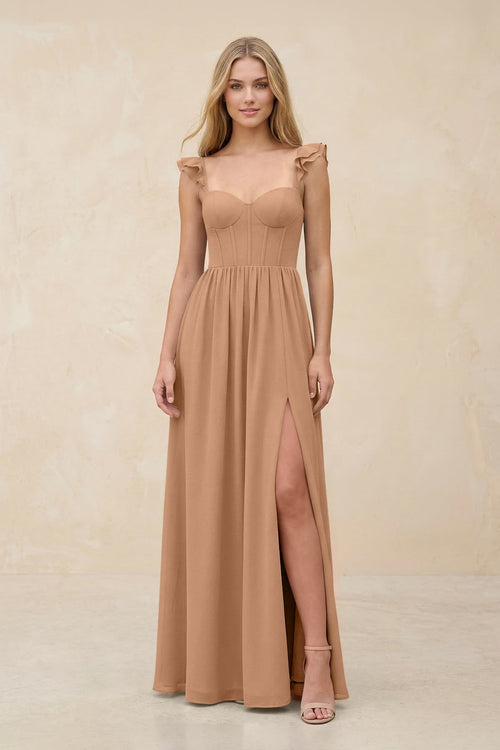 Ruffled Sleeve A - Line Corset Chiffon Bridesmaid Dress in Bronzer - KISS BRIDAL Bridesmaid Dresses