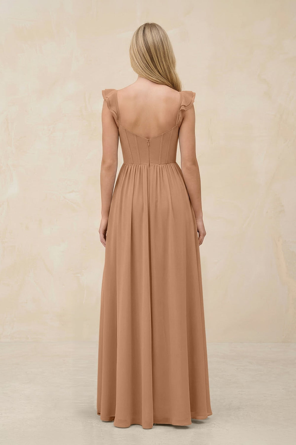 Ruffled Sleeve A-Line Corset Chiffon Bridesmaid Dress in Bronzer