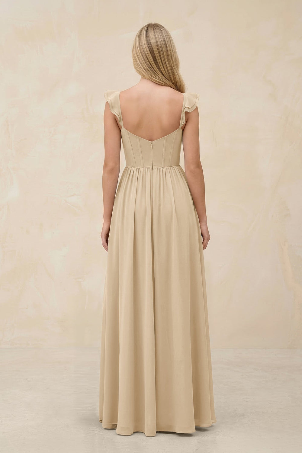 Ruffled Sleeve A-Line Corset Chiffon Bridesmaid Dress in Champagne