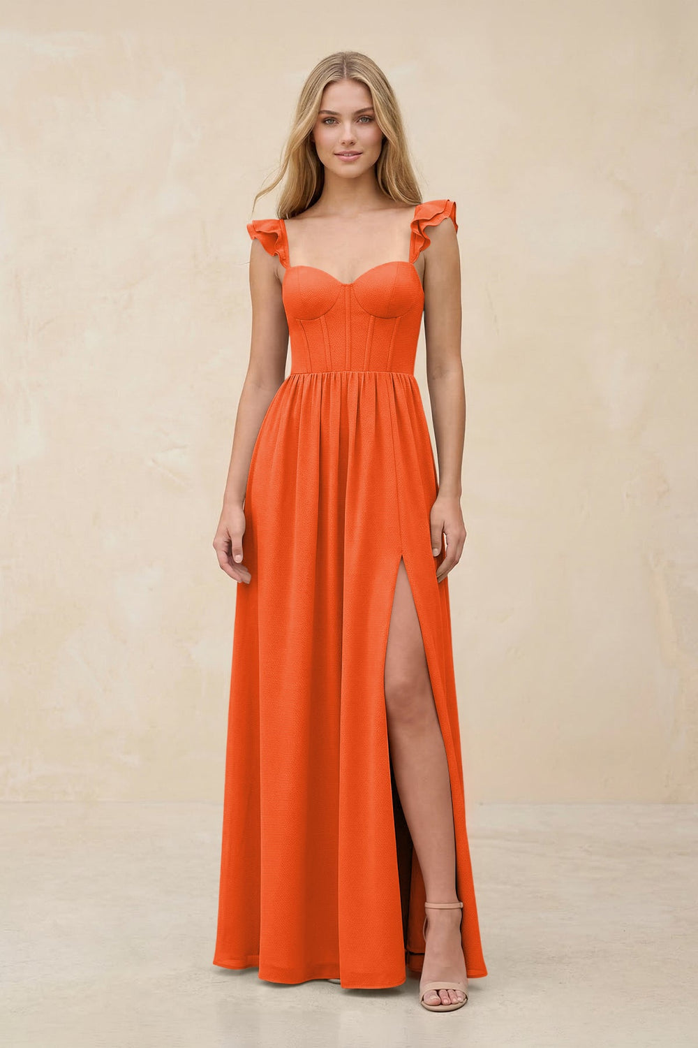 Ruffled Sleeve A-Line Corset Chiffon Bridesmaid Dress in Cinnamon