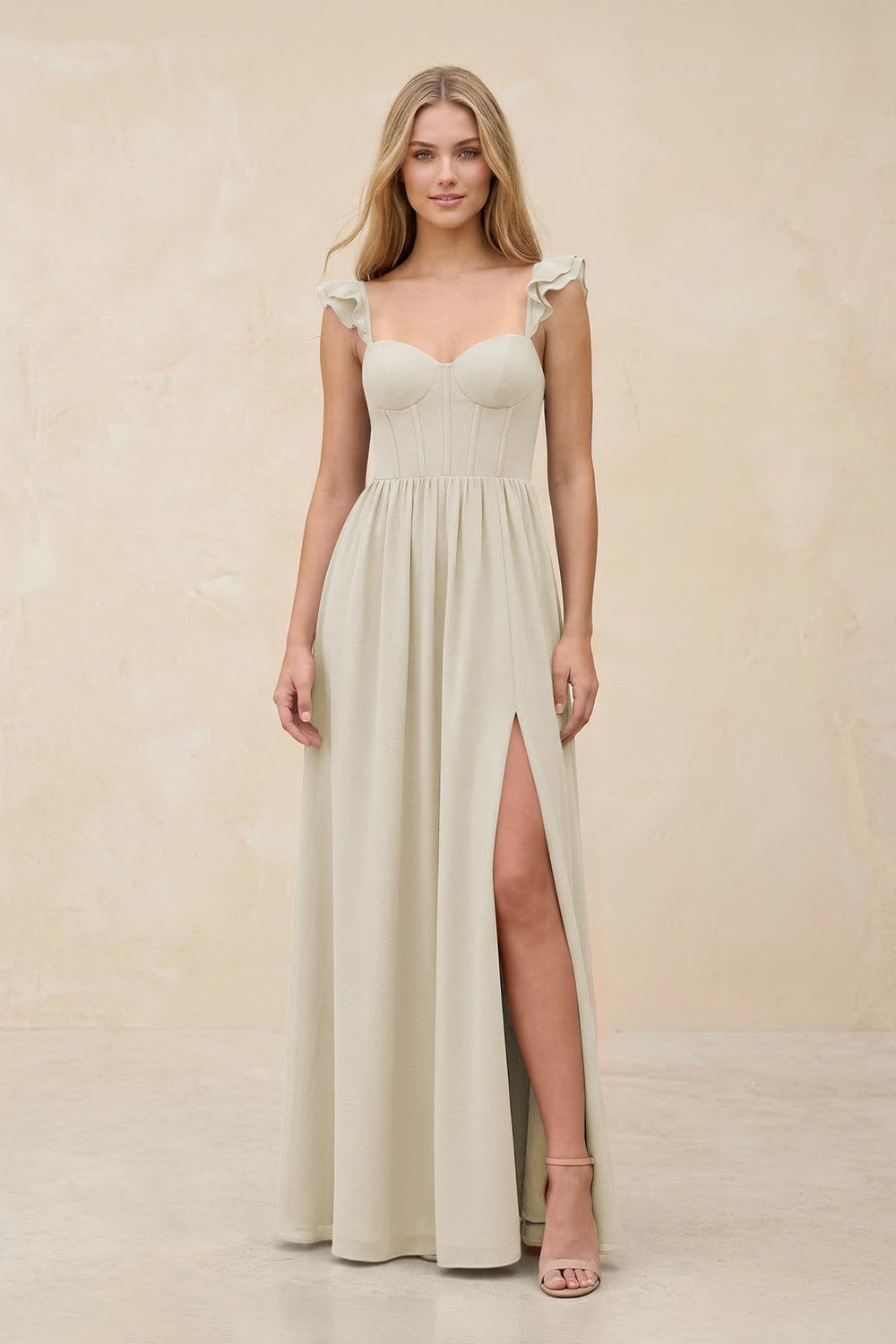 Ruffled Sleeve A-Line Corset Chiffon Bridesmaid Dress in Dove Gray