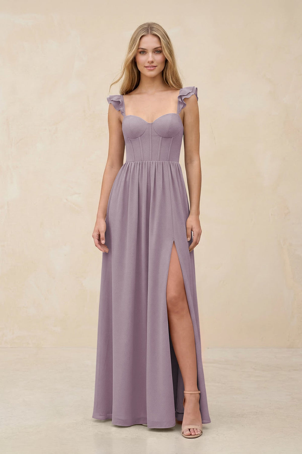 Ruffled Sleeve A-Line Corset Chiffon Bridesmaid Dress in Dusk