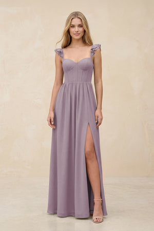 Ruffled Sleeve A-Line Corset Chiffon Bridesmaid Dress in Dusk | KISSBRIDAL