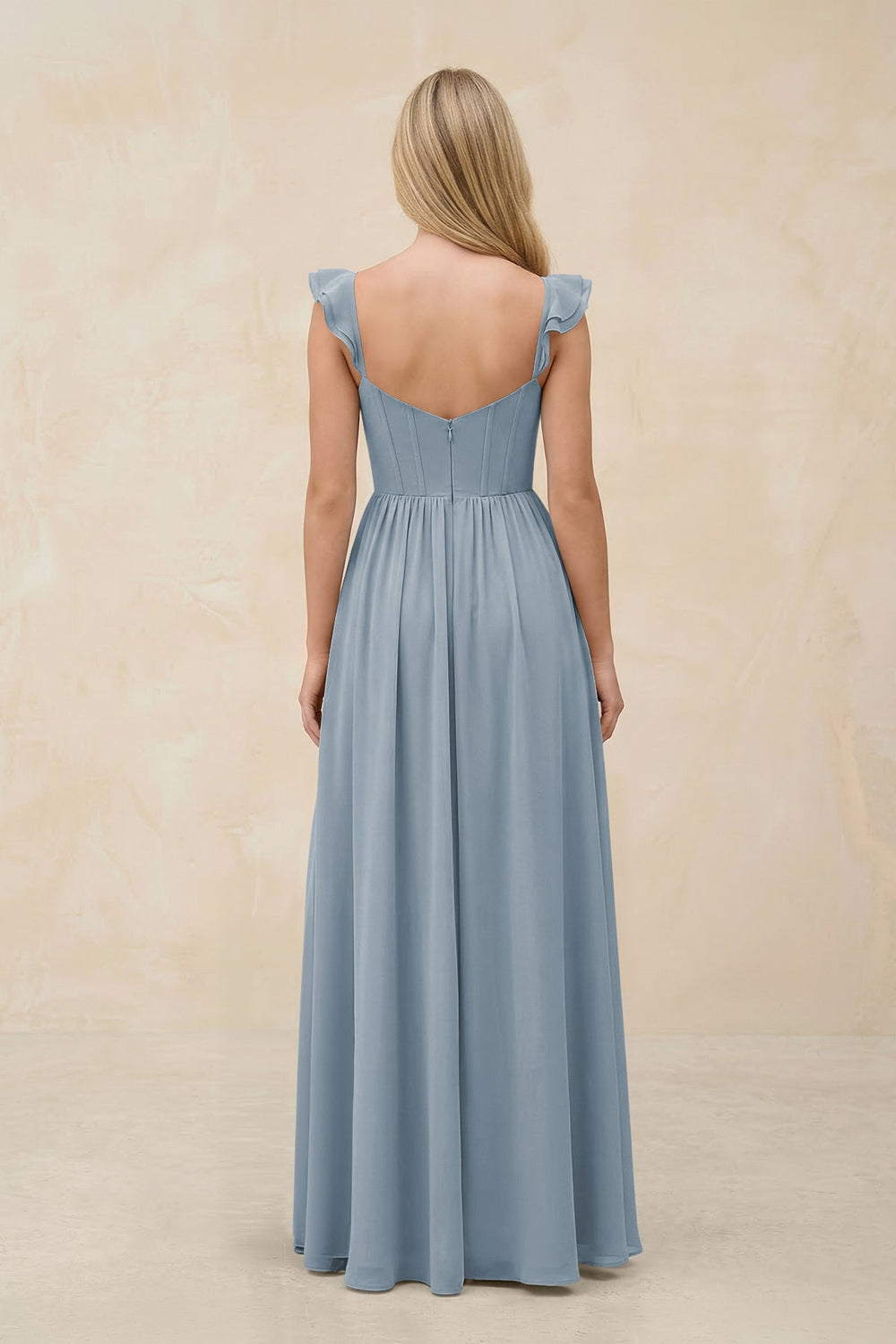 Ruffled Sleeve A-Line Corset Chiffon Bridesmaid Dress in Dusty Blue