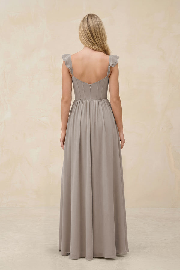 Ruffled Sleeve A-Line Corset Chiffon Bridesmaid Dress in Frost (2) | KISSBRIDAL