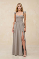 Ruffled Sleeve A-Line Corset Chiffon Bridesmaid Dress in Frost | KISSBRIDAL