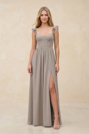 Ruffled Sleeve A-Line Corset Chiffon Bridesmaid Dress in Frost | KISSBRIDAL