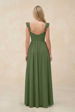 Ruffled Sleeve A-Line Corset Chiffon Bridesmaid Dress in Moss (2) | KISSBRIDAL