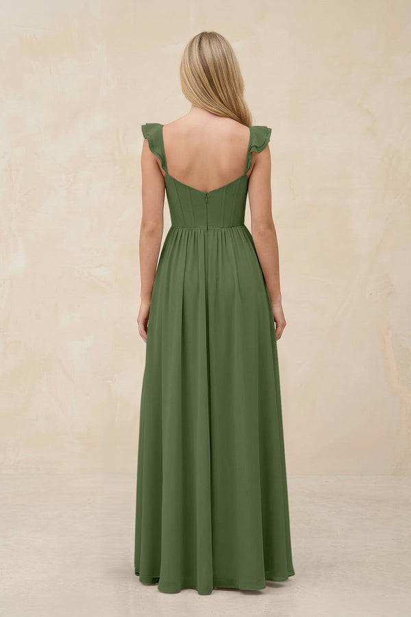 Ruffled Sleeve A-Line Corset Chiffon Bridesmaid Dress in Moss (2) | KISSBRIDAL