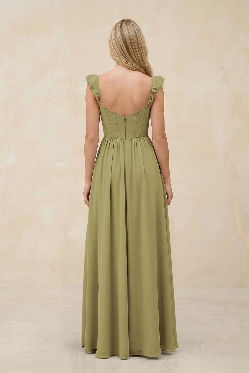 Ruffled Sleeve A-Line Corset Chiffon Bridesmaid Dress in Moss Green