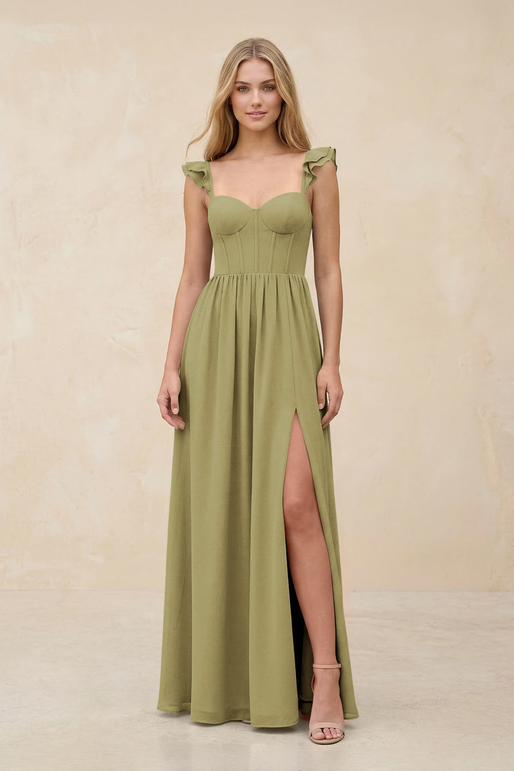Ruffled Sleeve A-Line Corset Chiffon Bridesmaid Dress in Moss Green