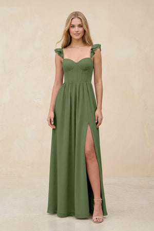 Ruffled Sleeve A-Line Corset Chiffon Bridesmaid Dress in Moss | KISSBRIDAL