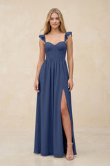 Ruffled Sleeve A - Line Corset Chiffon Bridesmaid Dress in Navy - KISS BRIDAL Bridesmaid Dresses
