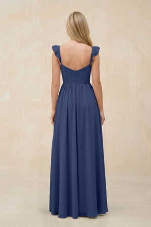 Ruffled Sleeve A - Line Corset Chiffon Bridesmaid Dress in Navy - KISS BRIDAL Bridesmaid Dresses