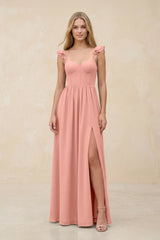 Ruffled Sleeve A-Line Corset Chiffon Bridesmaid Dress in Rosette | KISSBRIDAL