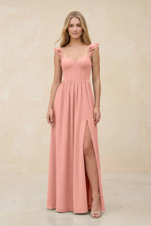 Ruffled Sleeve A-Line Corset Chiffon Bridesmaid Dress in Rosette | KISSBRIDAL