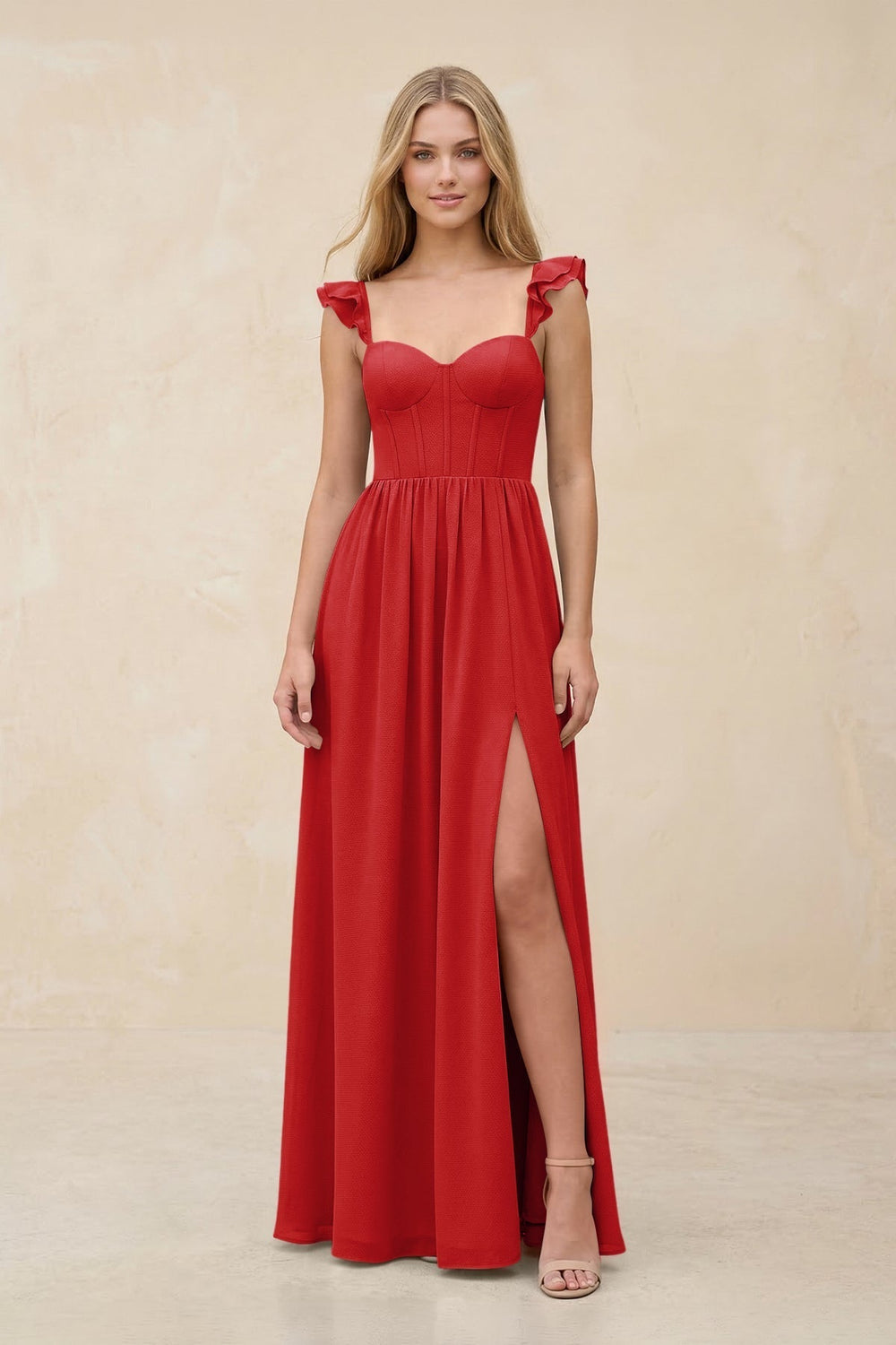 Ruffled Sleeve A-Line Corset Chiffon Bridesmaid Dress in Ruby Red