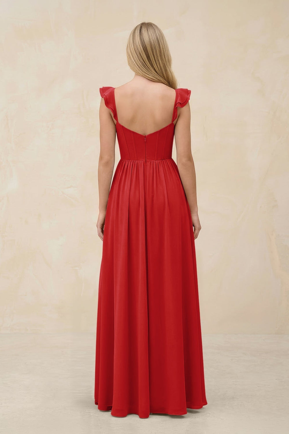 Ruffled Sleeve A-Line Corset Chiffon Bridesmaid Dress in Ruby Red