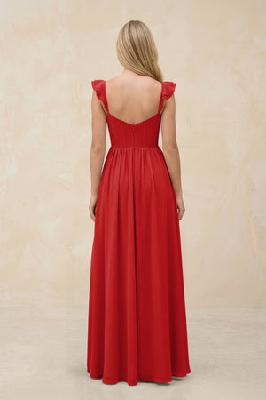 Ruffled Sleeve A - Line Corset Chiffon Bridesmaid Dress in Ruby Red - KISS BRIDAL Bridesmaid Dresses