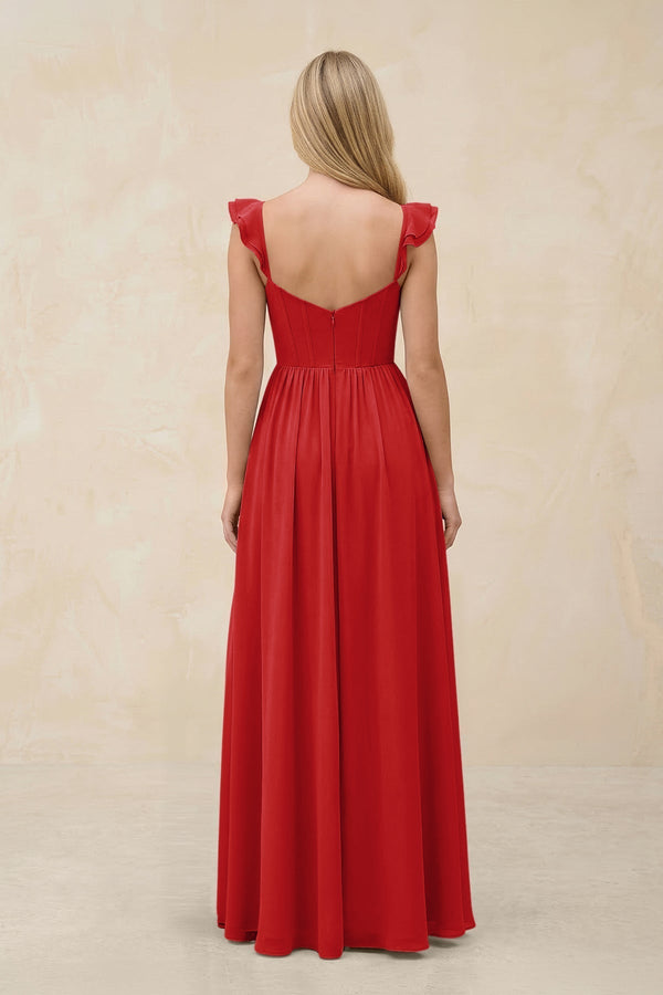 Ruffled Sleeve A - Line Corset Chiffon Bridesmaid Dress in Ruby Red - KISS BRIDAL Bridesmaid Dresses