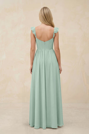 Ruffled Sleeve A-Line Corset Chiffon Bridesmaid Dress in Sage (2) | KISSBRIDAL