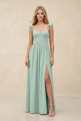 Ruffled Sleeve A-Line Corset Chiffon Bridesmaid Dress in Sage | KISSBRIDAL