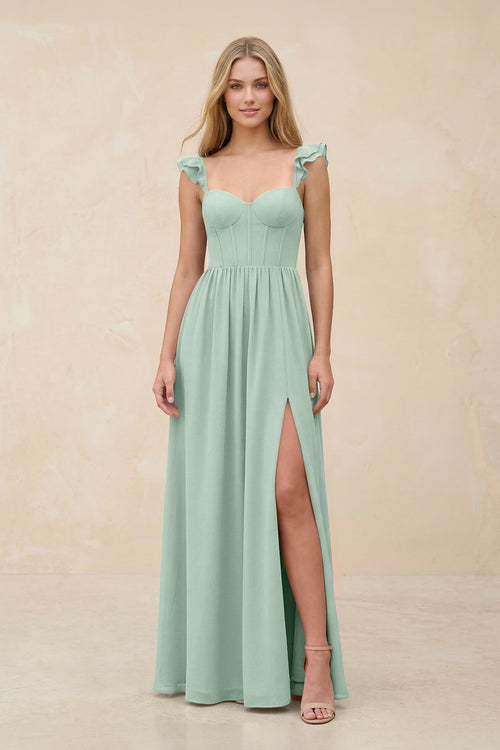 Ruffled Sleeve A-Line Corset Chiffon Bridesmaid Dress in Sage | KISSBRIDAL