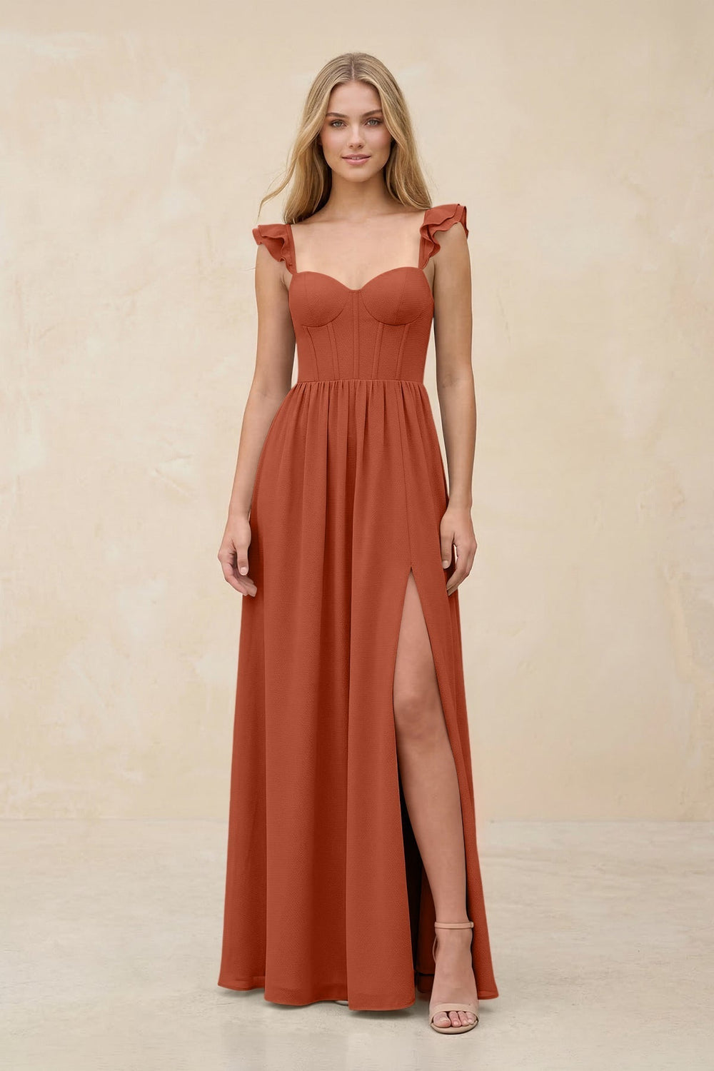 Ruffled Sleeve A-Line Corset Chiffon Bridesmaid Dress in Spice