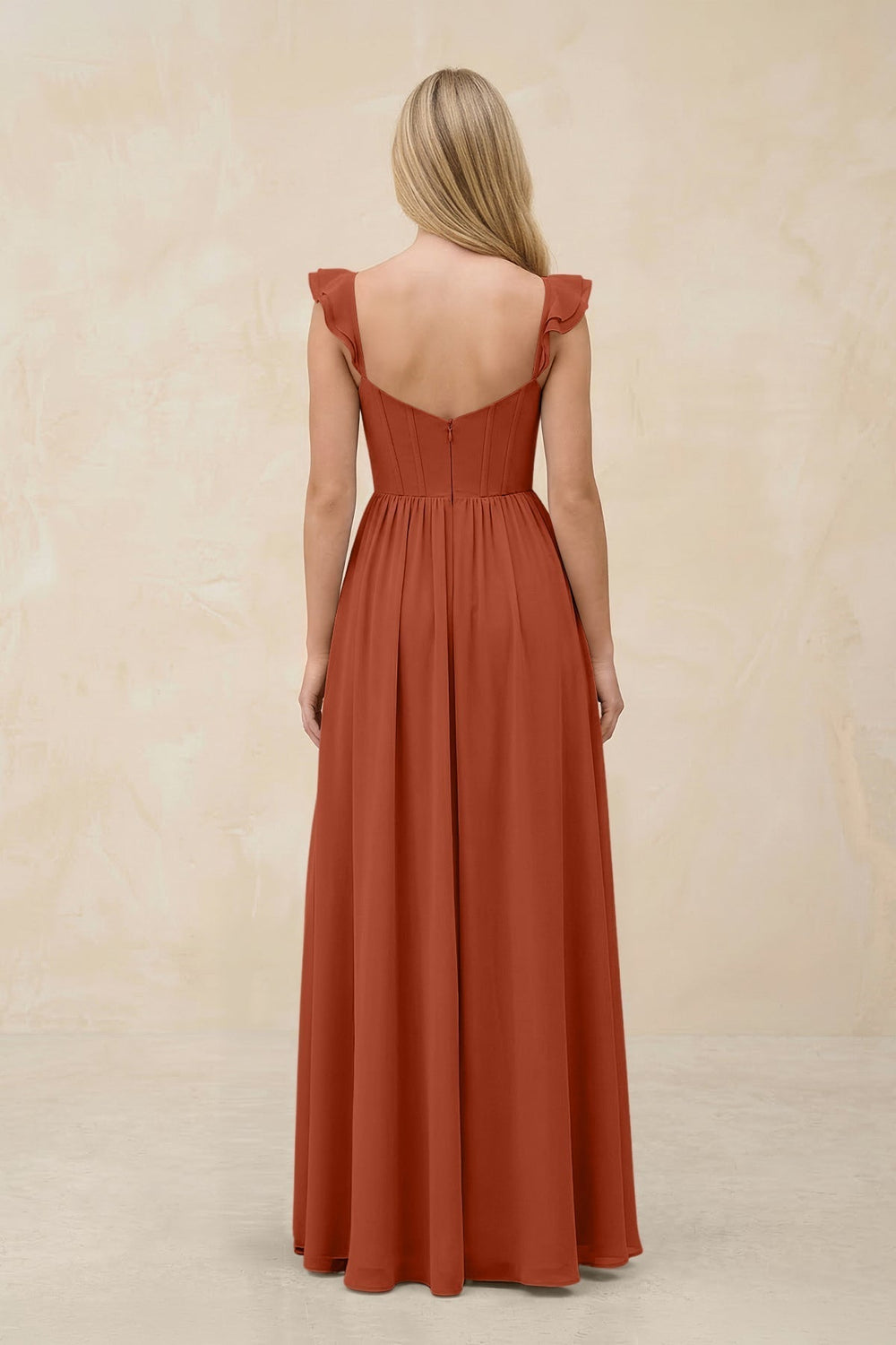 Ruffled Sleeve A-Line Corset Chiffon Bridesmaid Dress in Spice