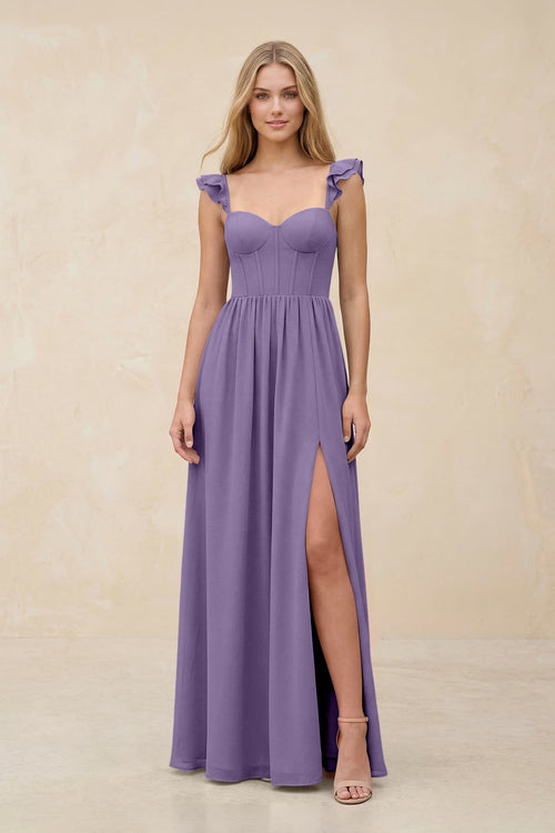 Ruffled Sleeve A-Line Corset Chiffon Bridesmaid Dress in Tahiti | KISSBRIDAL