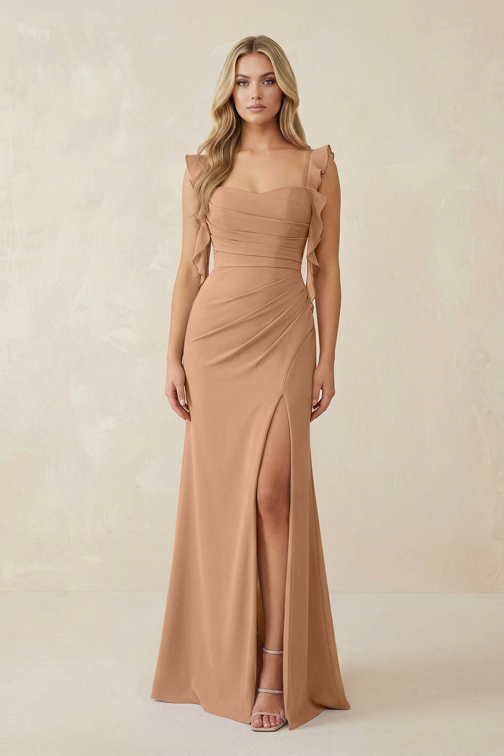 Ruffled Sleeve Ruched Sheath Chiffon Bridesmaid Dress in Bronzer