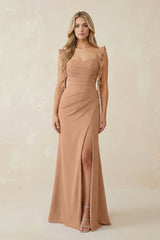 Ruffled Sleeve Ruched Sheath Chiffon Bridesmaid Dress in Bronzer - KISS BRIDAL BRIDESMAID DRESSES