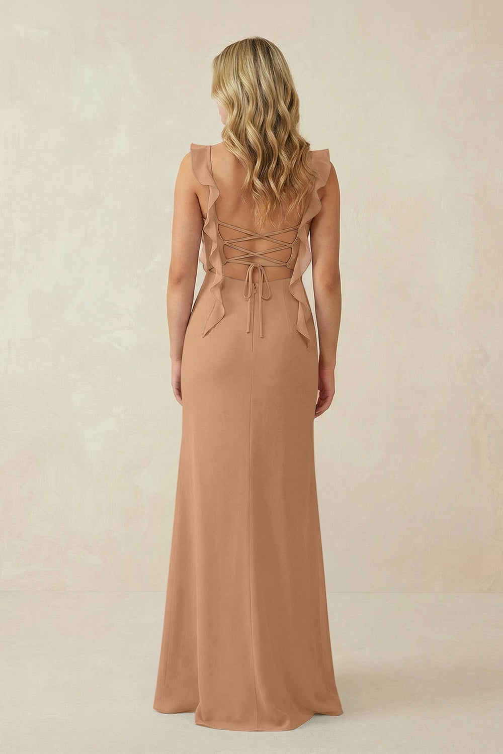 Ruffled Sleeve Ruched Sheath Chiffon Bridesmaid Dress in Bronzer