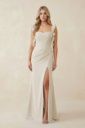 Ruffled Sleeve Ruched Sheath Chiffon Bridesmaid Dress in Dove Gray - KISS BRIDAL BRIDESMAID DRESSES