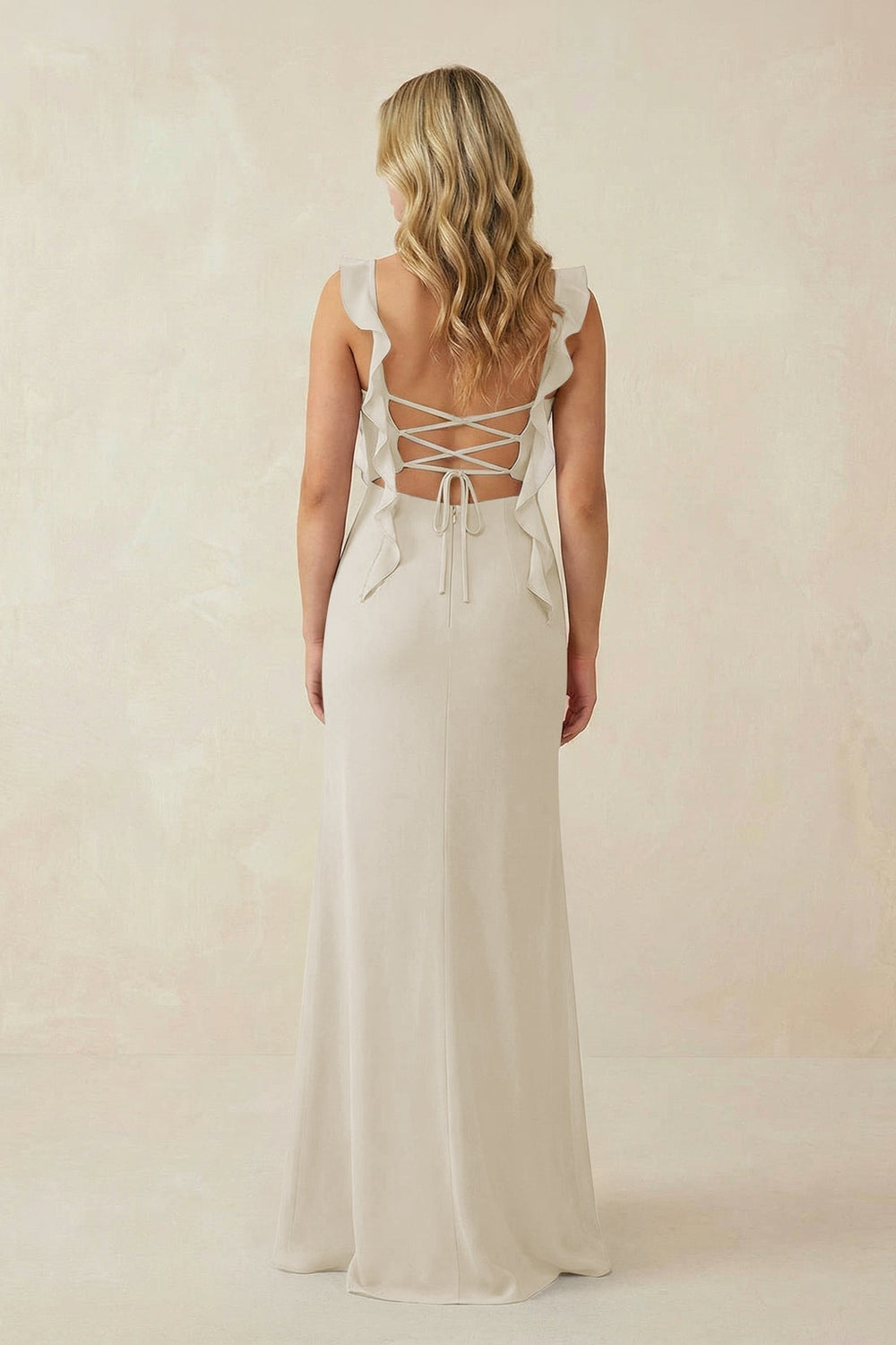 Ruffled Sleeve Ruched Sheath Chiffon Bridesmaid Dress in Dove Gray