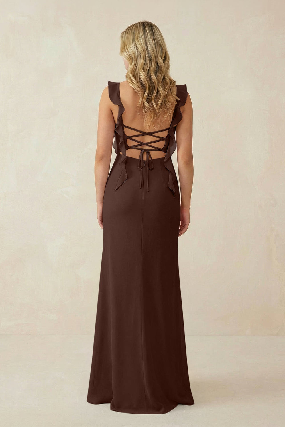 Ruffled Sleeve Ruched Sheath Chiffon Bridesmaid Dress in Espresso