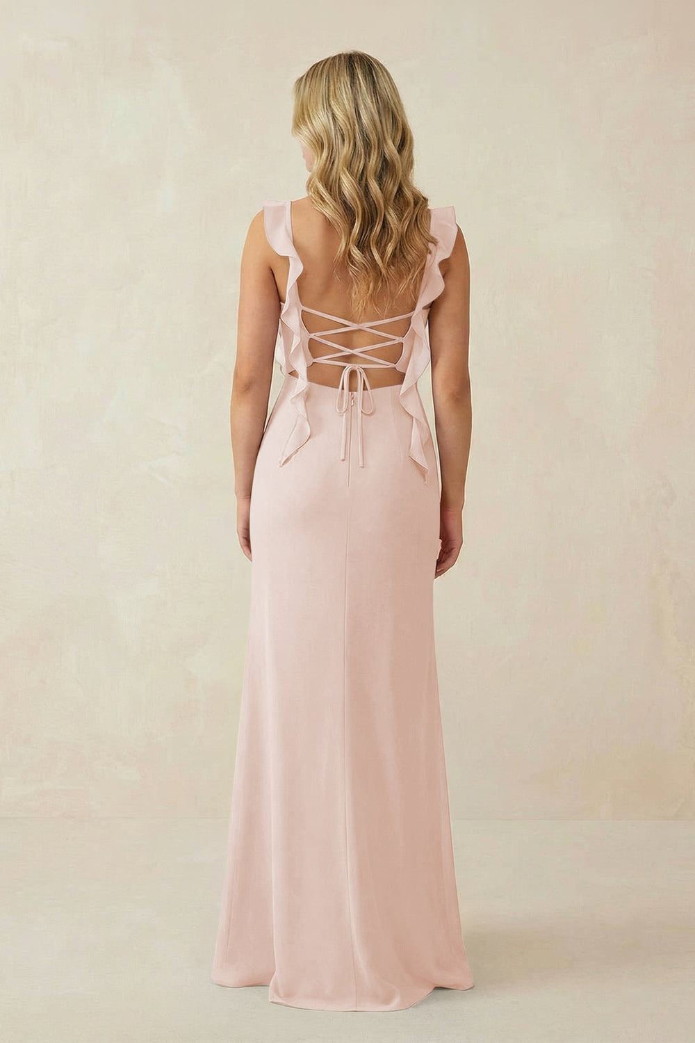 Ruffled Sleeve Ruched Sheath Chiffon Bridesmaid Dress in Pale Blush