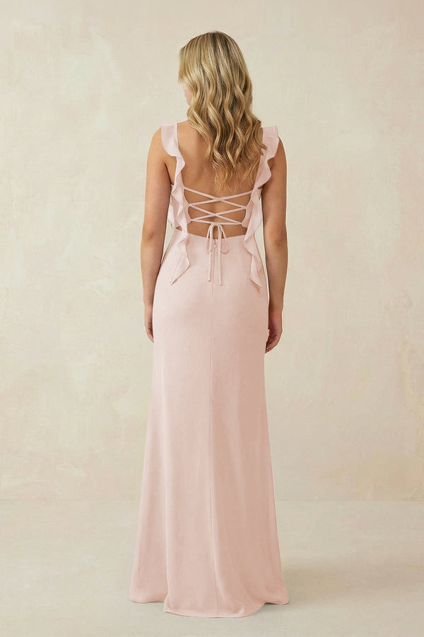Ruffled Sleeve Ruched Sheath Chiffon Bridesmaid Dress in Pale Blush - KISS BRIDAL BRIDESMAID DRESSES