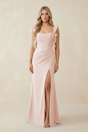 Ruffled Sleeve Ruched Sheath Chiffon Bridesmaid Dress in Pale Blush - KISS BRIDAL BRIDESMAID DRESSES